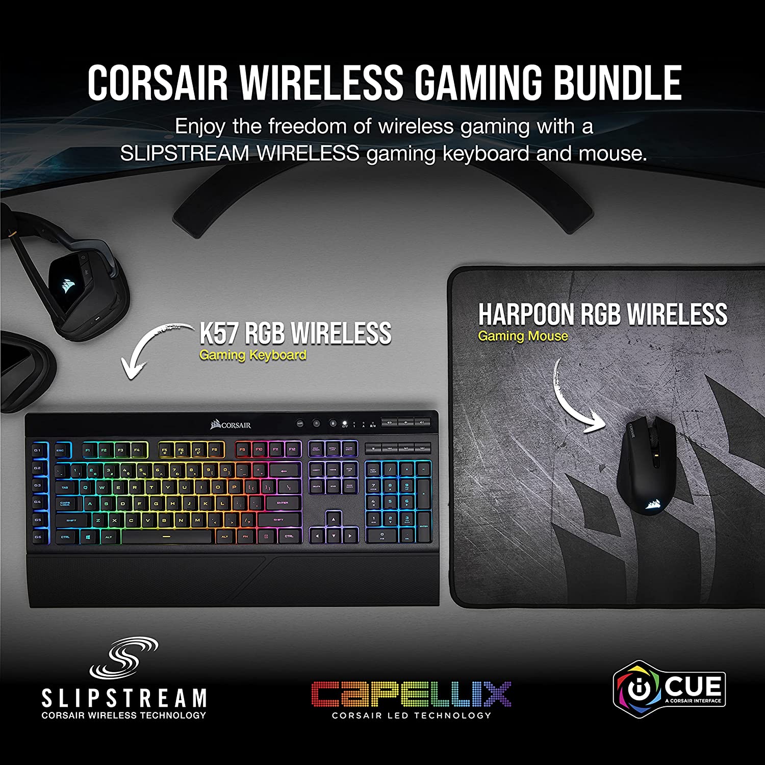 CORSAIR K57 RGB Wireless Gaming Keyboard ＜1ms Response time with Slipstream Wireless Connect with USB dongle, Bluetooth or Wired Individually B